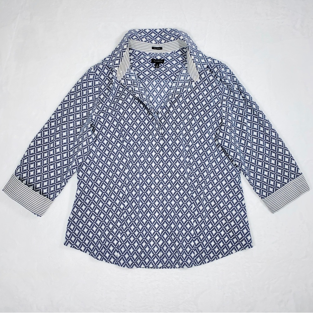 TALBOTS sz10 Stretch Cotton Wrinkle Resistant Shirt Blouse Blue White 3/4 Sleeve